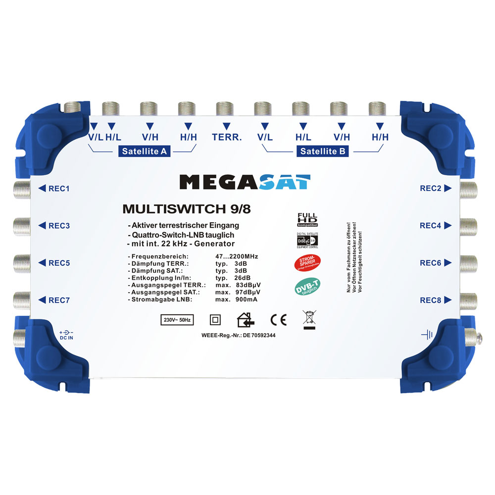 Megasat Multischalter 9/8 Multiswitch DiSEqC Verteiler Quad LNB tauglich