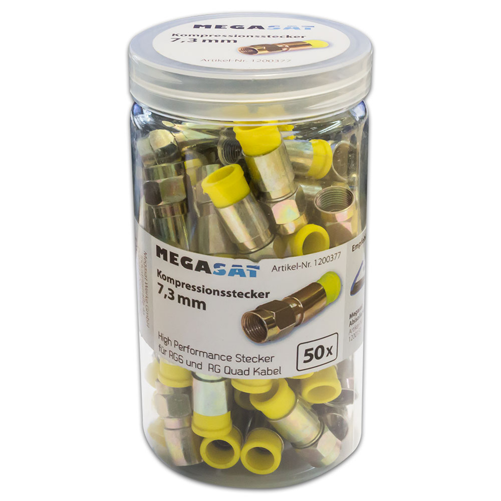 F-Kompressionsstecker-7-3mm-GELB-Transportbox 50x F-Kompressionsstecker Kompressionstecker 7,3mm gelb für Koaxialkabel