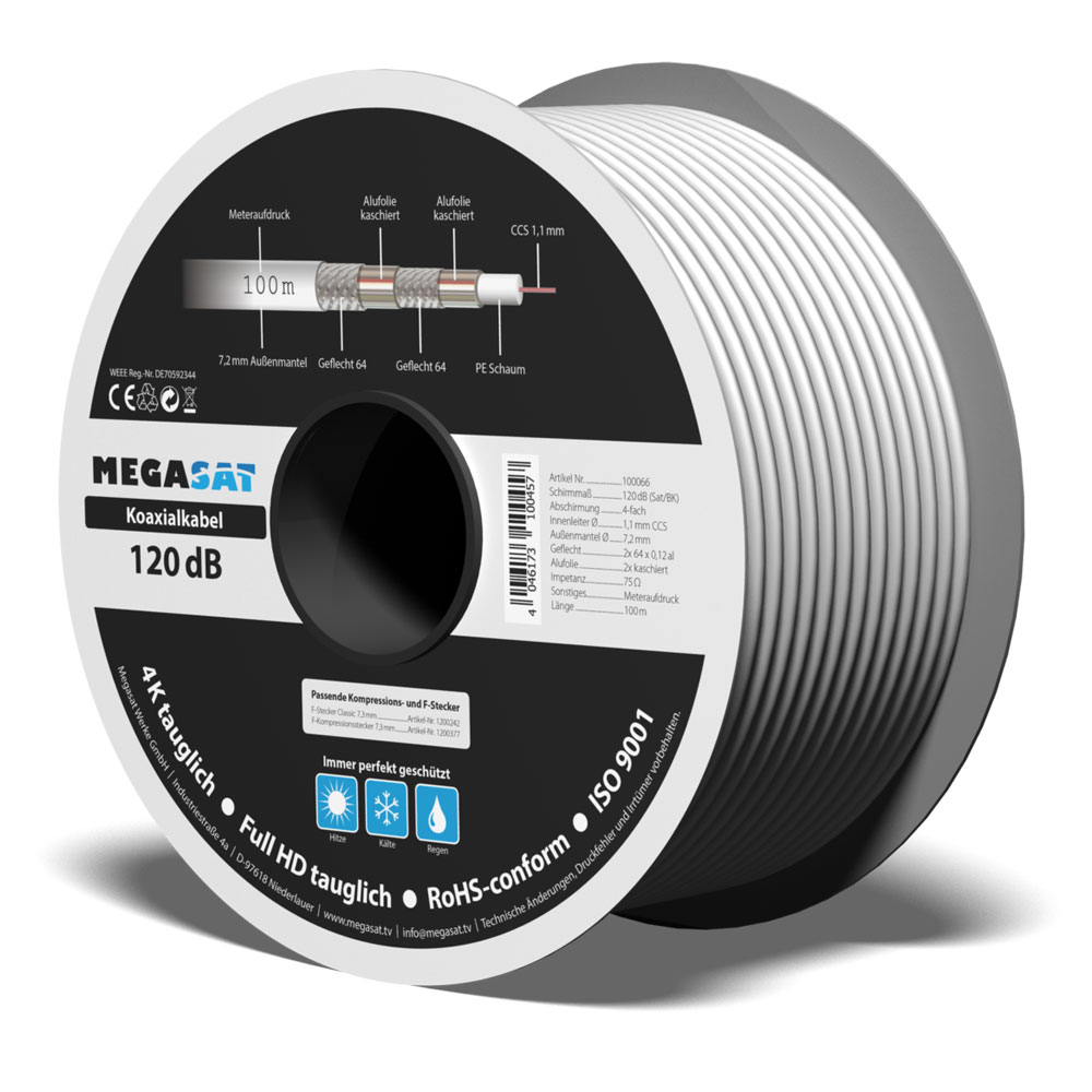 Megasat-Koaxialkabel-120dB-Spule Koaxialkabel 120 dB 120dB 100m 7,2mm 4-fach geschirmt weiß