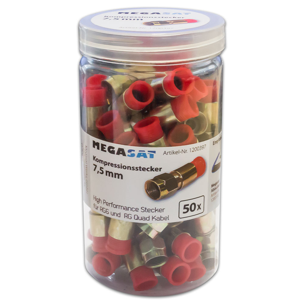 F-Kompressionsstecker-7-5mm-ROT-Transportbox 50x F-Kompressionsstecker Kompressionstecker 7,5mm rot für Koaxialkabel