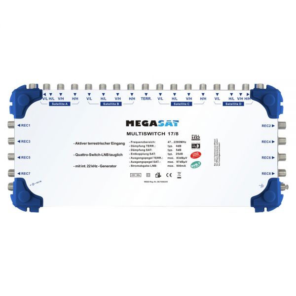 Megasat Multischalter 17/8 Multiswitch DiSEqC Verteiler Quad LNB tauglich