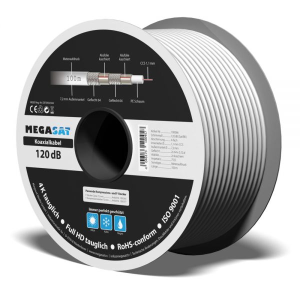 Koaxialkabel 120 dB 120dB 100m 7,2mm 4-fach geschirmt weiß