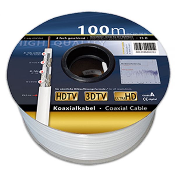 Koaxialkabel 120 dB 100m 6,5mm 4-fach geschirmt Sat 3D HDTV UHD KHC 204-100RL inkl. 10 F-Stecker