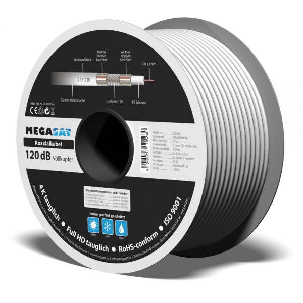 Koaxialkabel 120 dB Vollkupfer 100m 7,0mm 3-fach geschirmt weiß