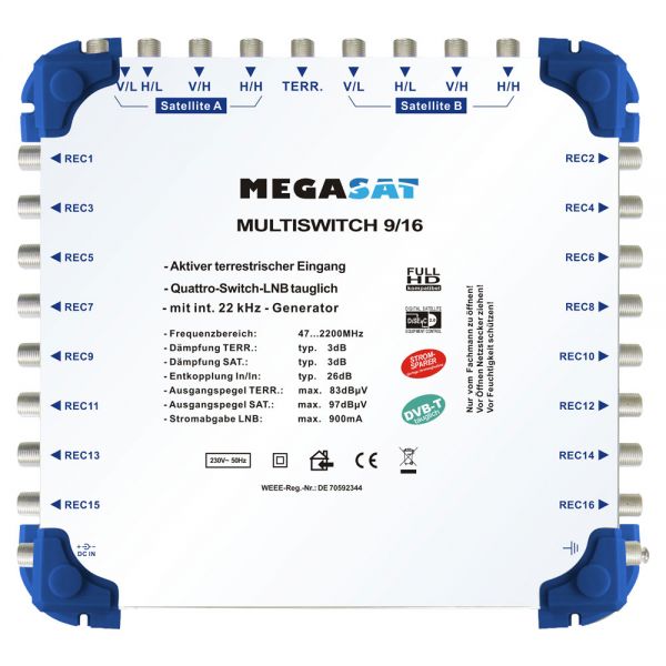 Megasat Multischalter 9/16 Multiswitch DiSEqC Verteiler Quad LNB tauglich