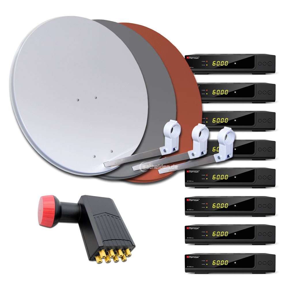 8 Teilnehmer HDTV Sat Anlage 4x Receiver HD AX 300 plus 80cm Spiegel Octo LNB