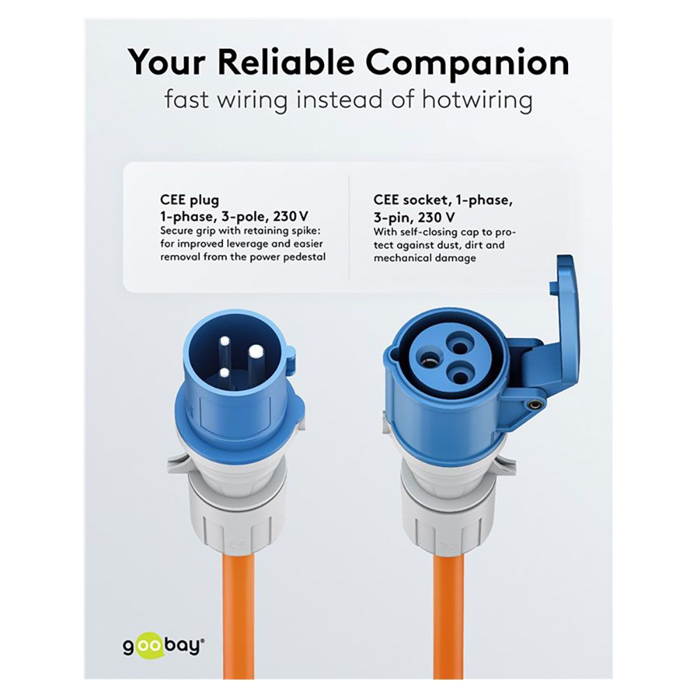 goobay CEE-adapterkabel voor caravans, 1,5 m, geaard contact 90°, CEE-bus en geaard contact met afsluitkappen, kabel voor camping, camper en caravan, 76222